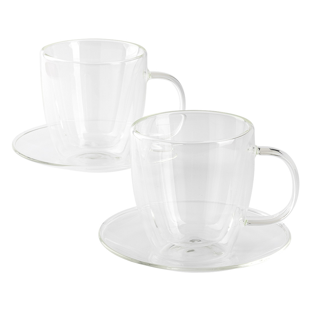 Set aus zwei doppelwandigen Cappuccino-Gläsern mit Untertassen, 2 x 150 ml